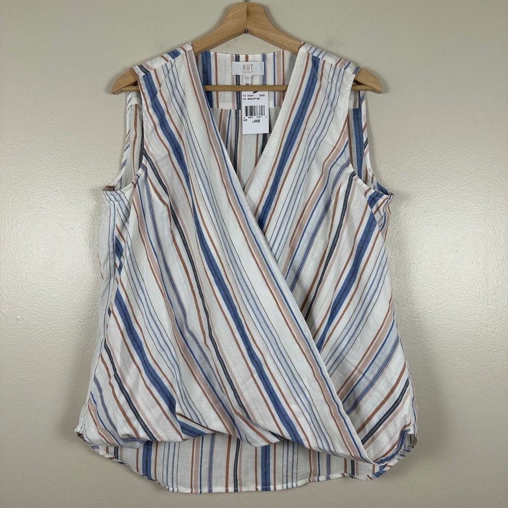 Kut from the Kloth Women's‎ Large Sleeveless Wrap Blouse Indigo Striped NEW